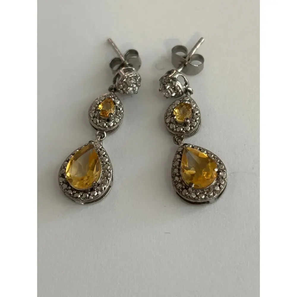 Vintage Karis Sterling Silver Citrine Dangle Earrings